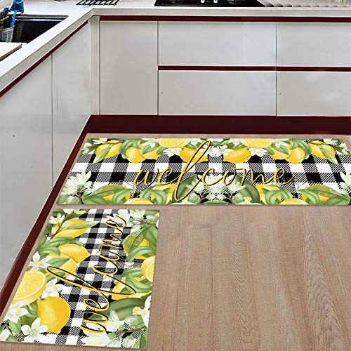 2 Pcs Kitchen Mats Runner Rug Set Anti Fatigue Standing Mat Rubber Backing Welcome Summer Lemon Black and White Buffalo Plaid Print Washable Floor Mat Area Rug for Home/Office 19.7"x31.5"+19.7"x47.2"