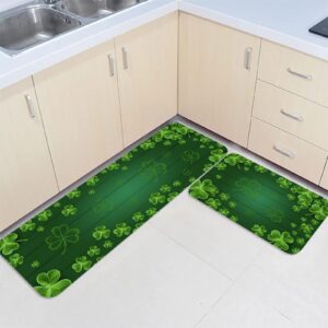 St. Patrick's Day Shamrocks Kitchen Mats Sets 2 Piece, Lucky Shamrocks Clover Green Wood Grain Kitchen Rug Non-Slip Washable Runner Carpets for Patrick's Day Decorations, 15.7" x 23.6" + 15.7" x 47.2"