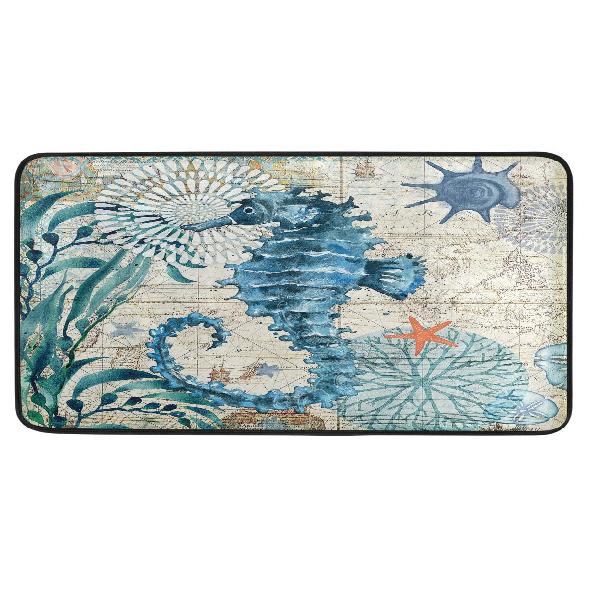 Kitchen Rugs Watercolor Blue Seahorse Design Non-Slip Soft Kitchen Mats Bath Rug Runner Doormats Carpet for Home Decor, 39" X 20"