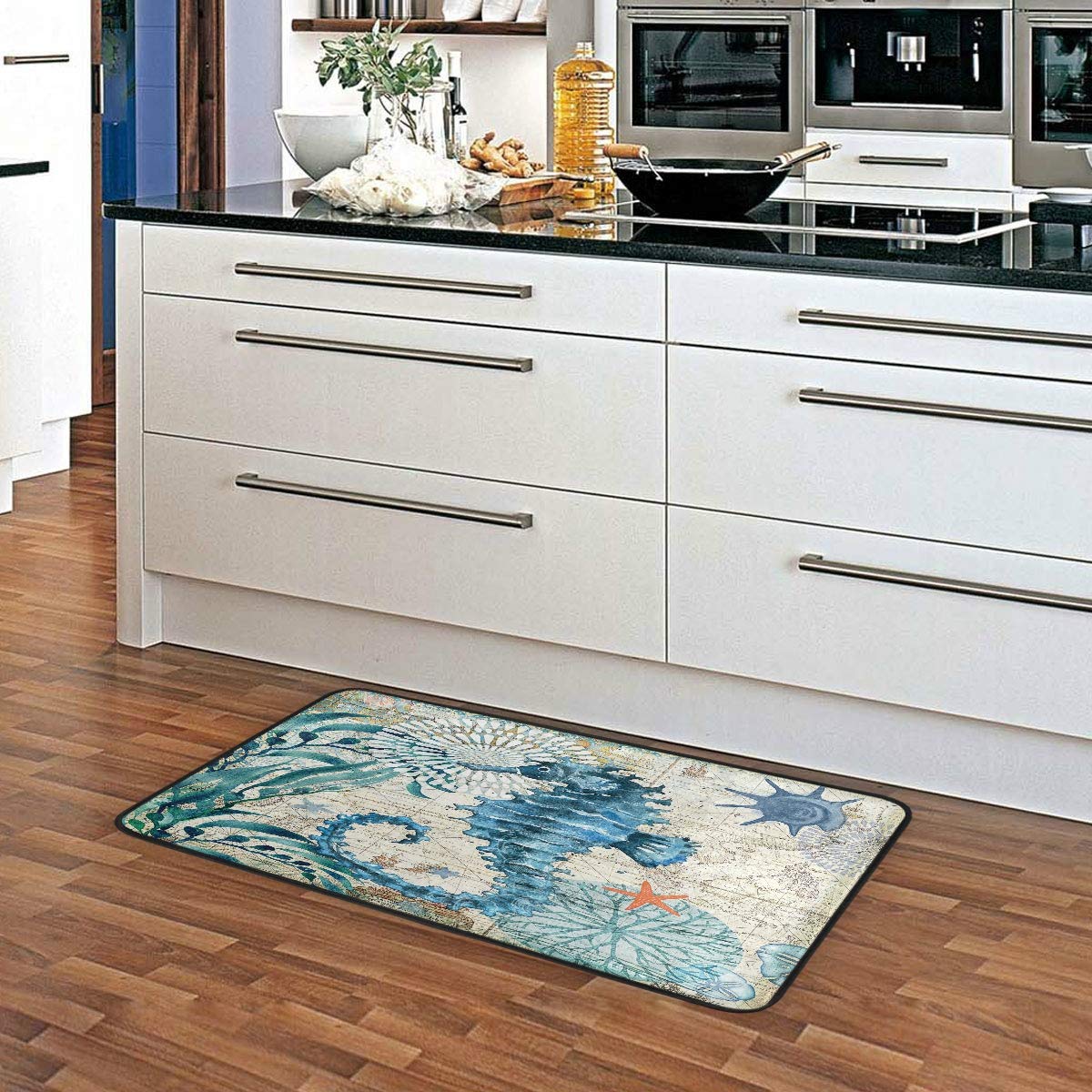 Kitchen Rugs Watercolor Blue Seahorse Design Non-Slip Soft Kitchen Mats Bath Rug Runner Doormats Carpet for Home Decor, 39" X 20"