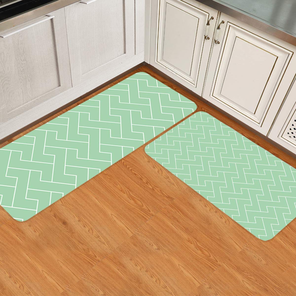 HELLOWINK Kitchen Mat Set of 2 Anti-Fatigue Kitchen Rug, Mint Green Non-Slip Kitchen Mats and Rugs, Kitchen Doormat Runner Rug for Floor Home Office Sink Laundry, Geometric