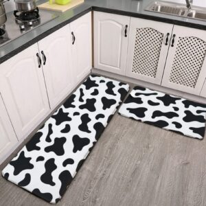 youtary cowhide milk cow print kitchen rug set 2 pcs floor mats washable non-slip soft flannel runner rug doormat carpet for floor home bathroom, 17" x 47"+17" x 24"-m