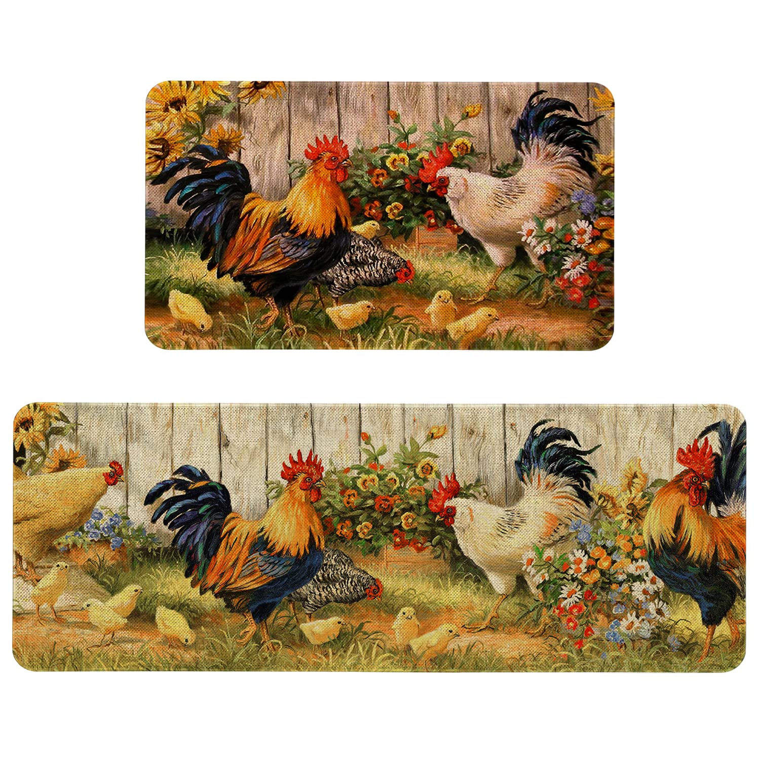 Farmhouse Kitchen Rugs and Mats Set of 2, Farm Rooster Kitchen Rug Non-Slip Washable Floor Mat for Kitchen Home Decor - 17x29 and 17x47 Inch