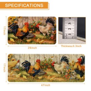 Farmhouse Kitchen Rugs and Mats Set of 2, Farm Rooster Kitchen Rug Non-Slip Washable Floor Mat for Kitchen Home Decor - 17x29 and 17x47 Inch