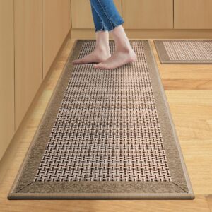 kitchen rugs and mats non skid washable 2pcs absorbent kitchen runner rugs sets of 2 comfort weave kitchen floor mats for in front of sink kitchen hallway laundry room (brown, 20"x32"+20"x59")