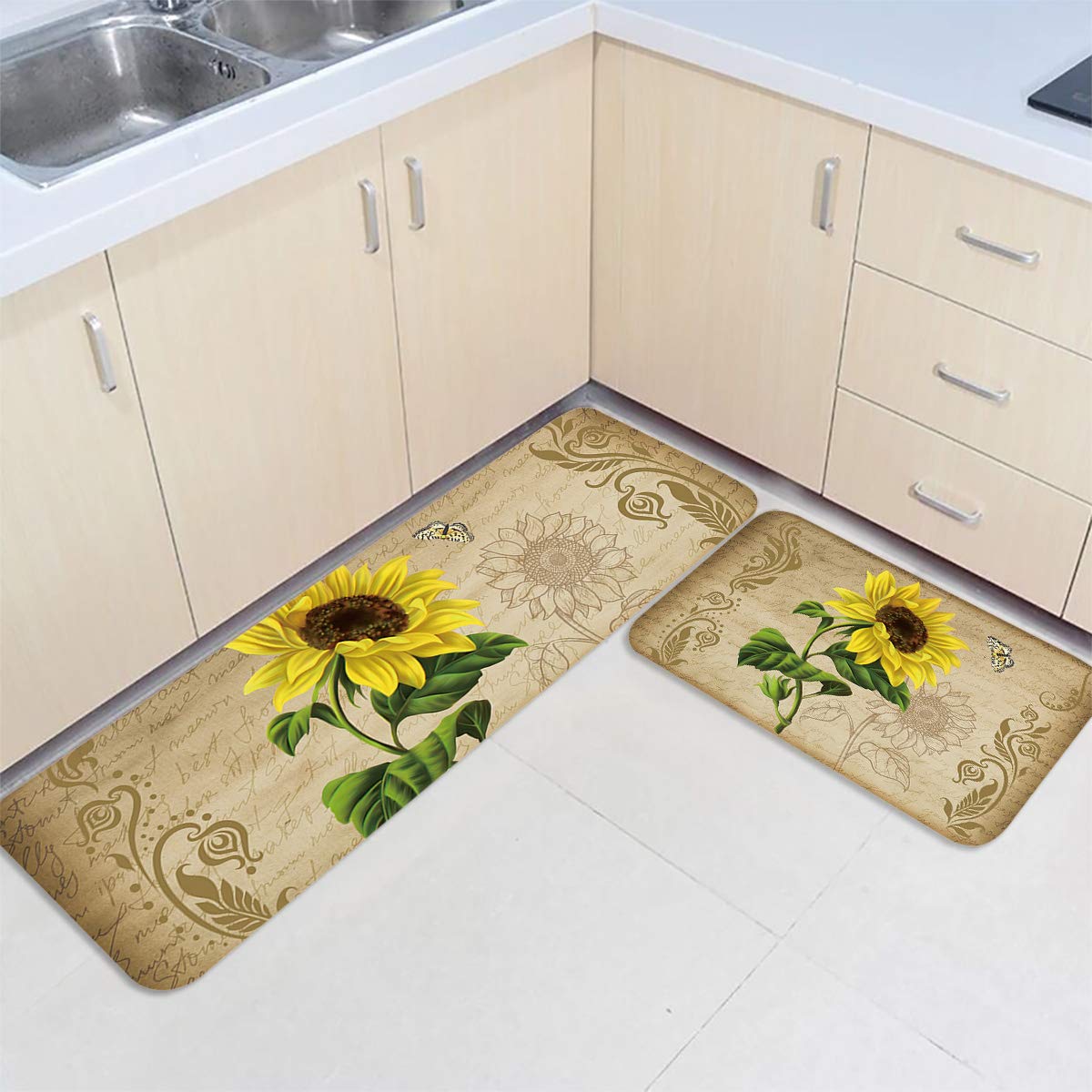 LooPoP Kitchen Rugs and Mats Non Skid Washable Sets Sunflower Anti Fatigue 2 Piece Set Non Skid Waterproof Standing Rugs Spring Flowers Farmhouse