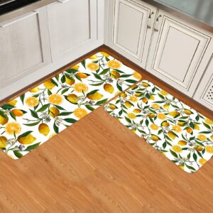 ta-home 2 pieces lemon kitchen rug set non-slip backing mat throw rugs country yellow lemon leaf doormats absorbent area runner watercolor fresh fruit art carpet for bathroom, 15.7x23.6in+15.7x47.2in