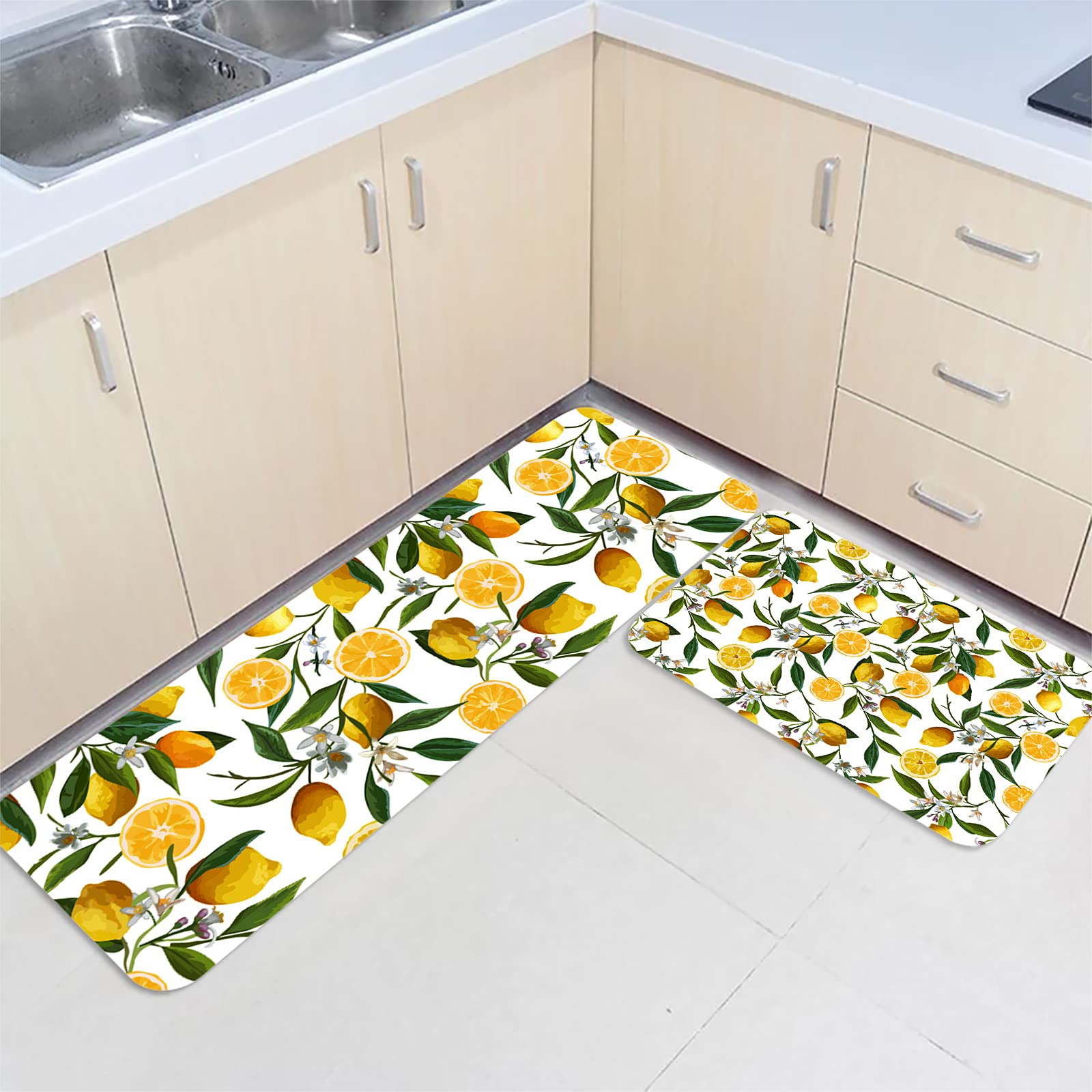 Ta-Home 2 Pieces Lemon Kitchen Rug Set Non-Slip Backing Mat Throw Rugs Country Yellow Lemon Leaf Doormats Absorbent Area Runner Watercolor Fresh Fruit Art Carpet for Bathroom, 15.7x23.6in+15.7x47.2in