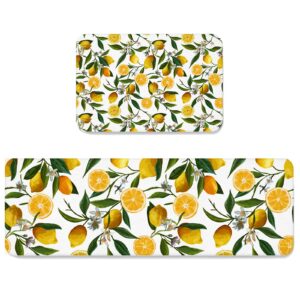 Ta-Home 2 Pieces Lemon Kitchen Rug Set Non-Slip Backing Mat Throw Rugs Country Yellow Lemon Leaf Doormats Absorbent Area Runner Watercolor Fresh Fruit Art Carpet for Bathroom, 15.7x23.6in+15.7x47.2in