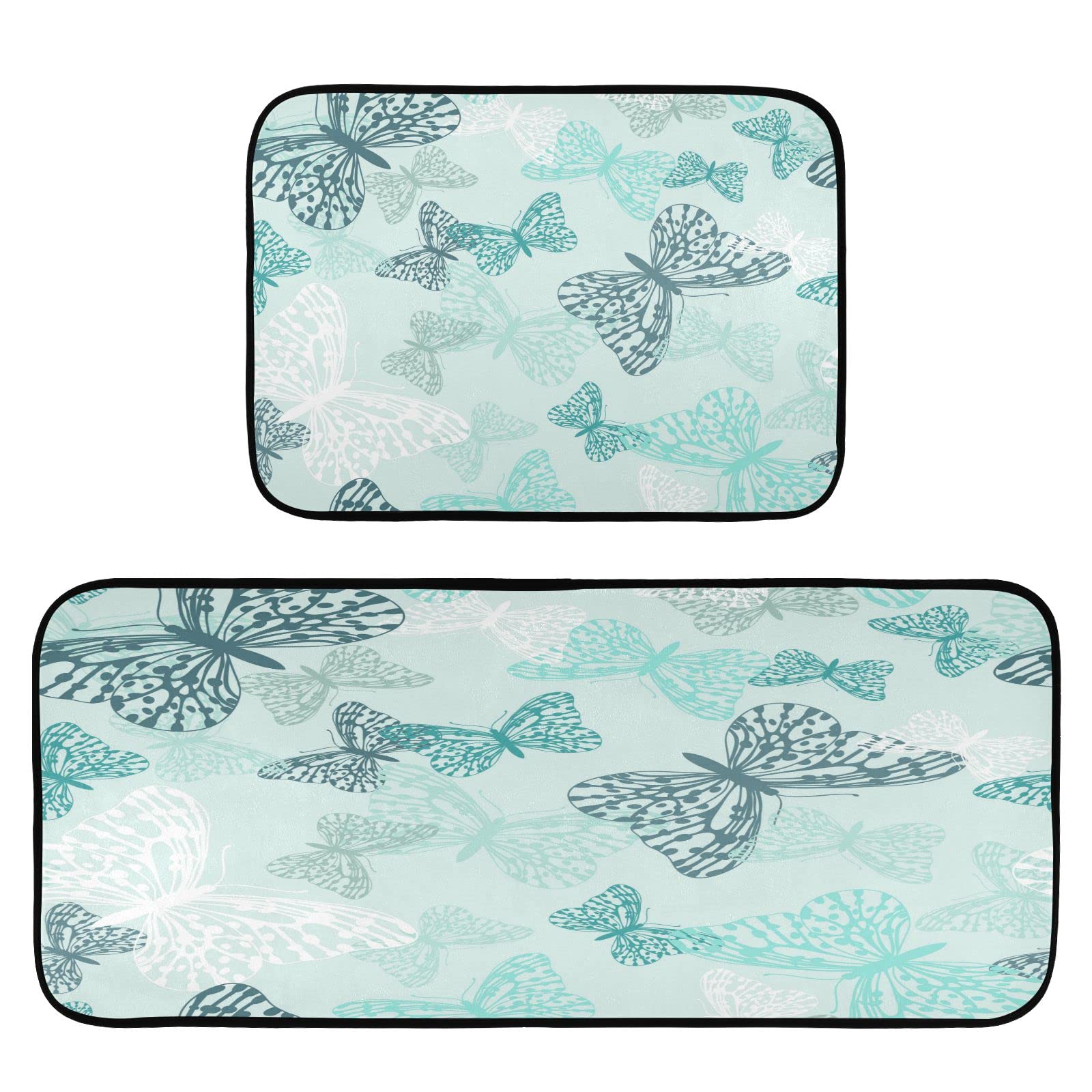 Kigai Kitchen Rugs 2 Piece Waterproof Non Slip Kitchen Mat Butterfly Teal Kitchen Rug Set for Sink Office Kitchen Cafe, 19.7"x47.2"+19.7"x27.6"