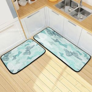 Kigai Kitchen Rugs 2 Piece Waterproof Non Slip Kitchen Mat Butterfly Teal Kitchen Rug Set for Sink Office Kitchen Cafe, 19.7"x47.2"+19.7"x27.6"