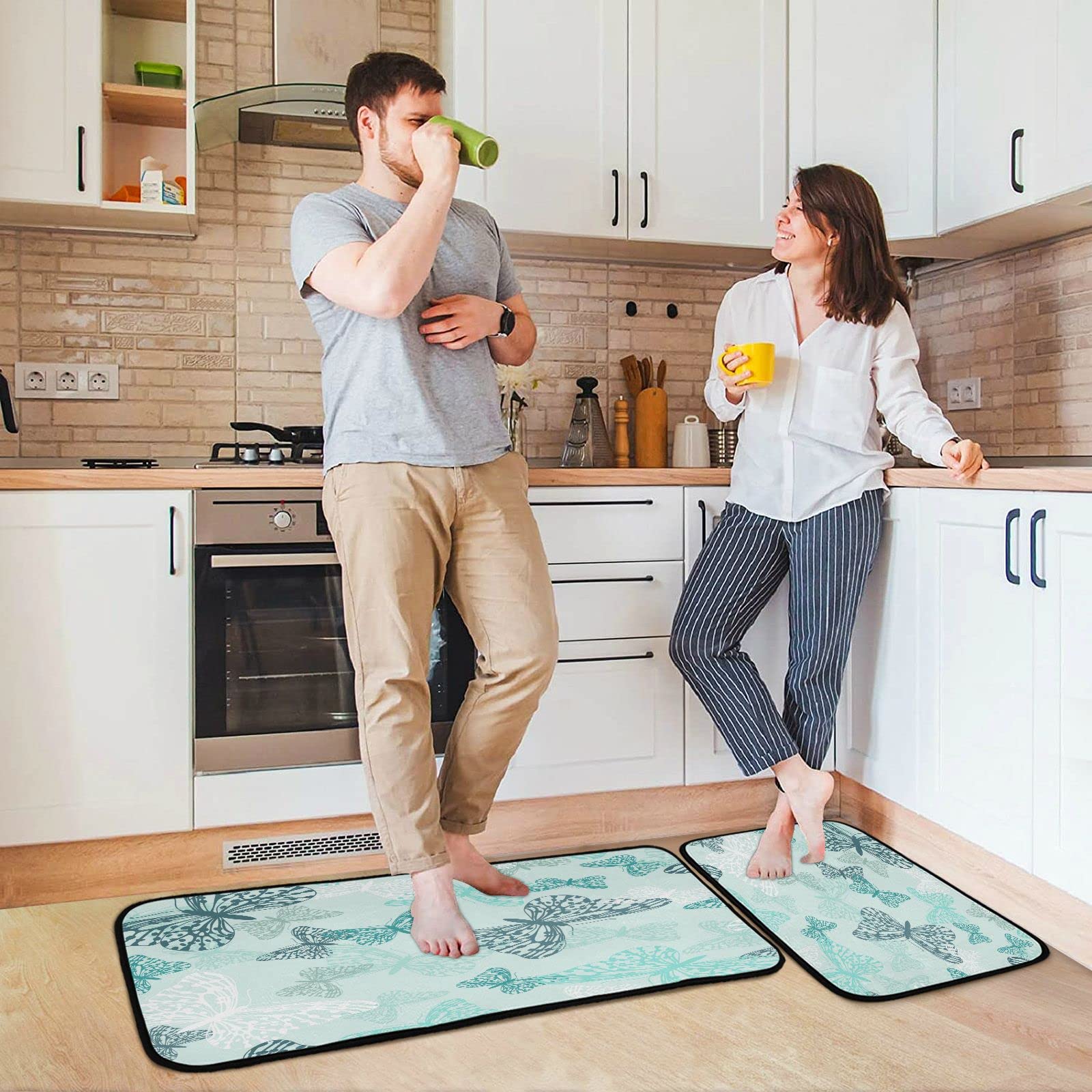 Kigai Kitchen Rugs 2 Piece Waterproof Non Slip Kitchen Mat Butterfly Teal Kitchen Rug Set for Sink Office Kitchen Cafe, 19.7"x47.2"+19.7"x27.6"