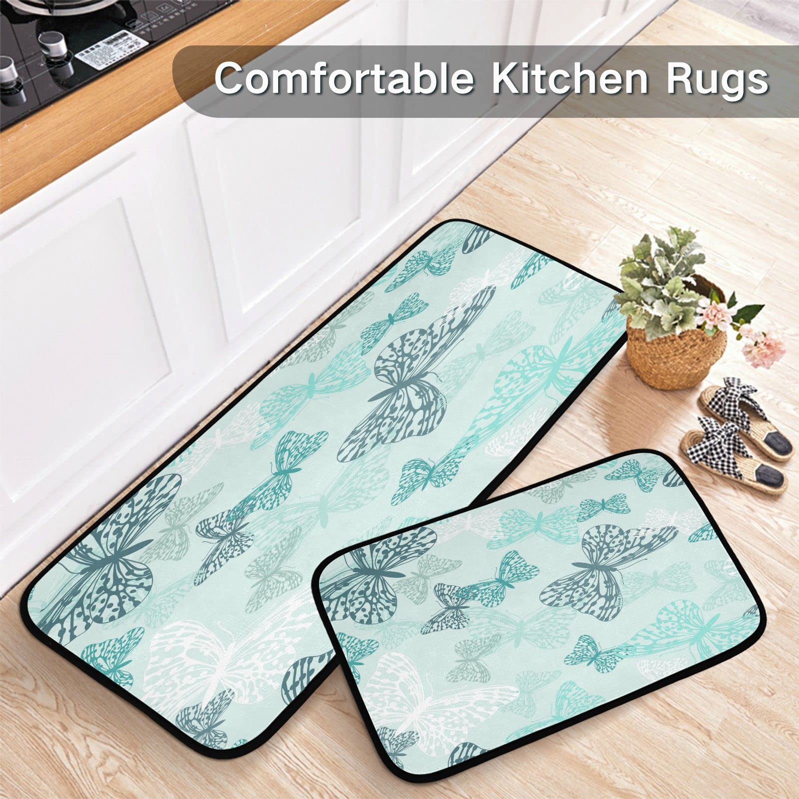 Kigai Kitchen Rugs 2 Piece Waterproof Non Slip Kitchen Mat Butterfly Teal Kitchen Rug Set for Sink Office Kitchen Cafe, 19.7"x47.2"+19.7"x27.6"