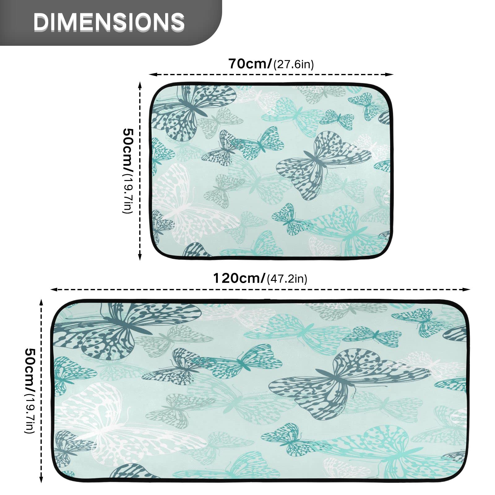 Kigai Kitchen Rugs 2 Piece Waterproof Non Slip Kitchen Mat Butterfly Teal Kitchen Rug Set for Sink Office Kitchen Cafe, 19.7"x47.2"+19.7"x27.6"