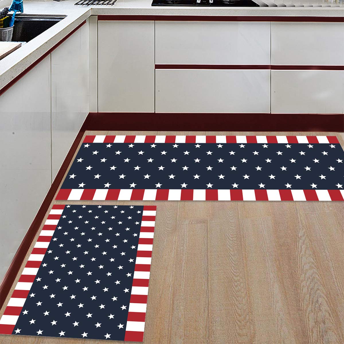 LooPoP Independence Day 4th of July Kitchen Mats for Floor Cushioned Anti Fatigue 2 Piece Set Kitchen Runner Rugs Non Skid Washable American Flag Red White and Blue