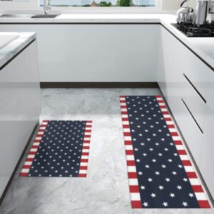 LooPoP Independence Day 4th of July Kitchen Mats for Floor Cushioned Anti Fatigue 2 Piece Set Kitchen Runner Rugs Non Skid Washable American Flag Red White and Blue