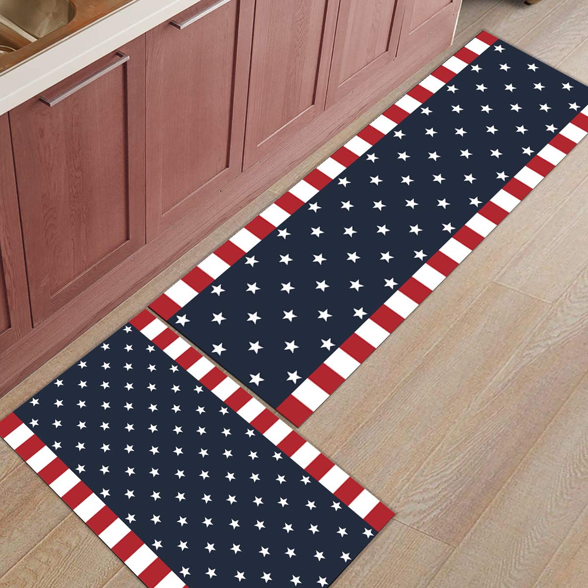 LooPoP Independence Day 4th of July Kitchen Mats for Floor Cushioned Anti Fatigue 2 Piece Set Kitchen Runner Rugs Non Skid Washable American Flag Red White and Blue