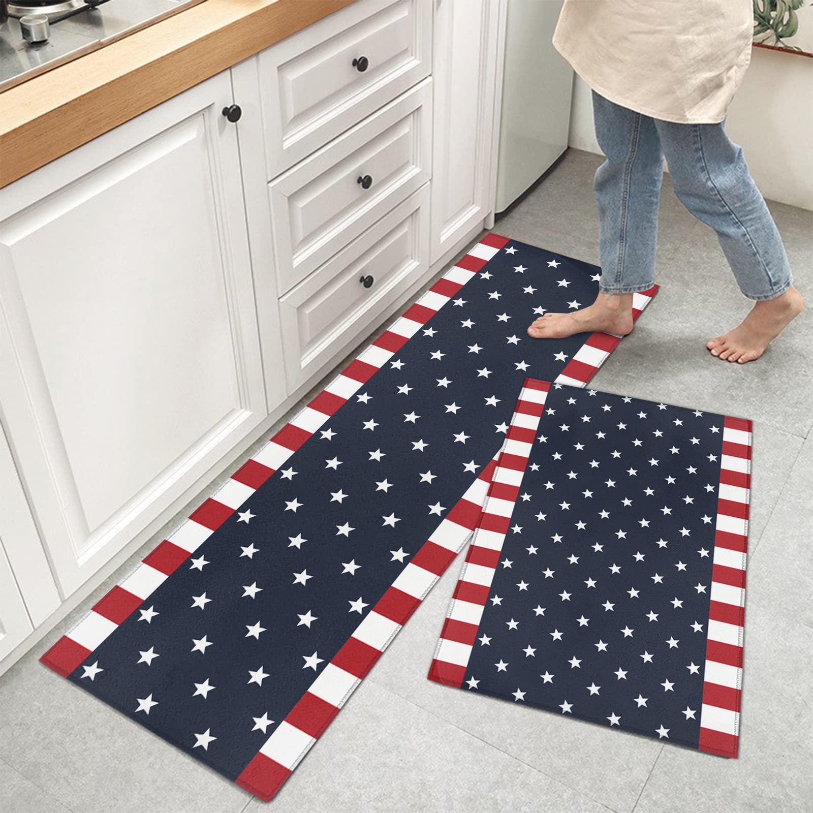 LooPoP Independence Day 4th of July Kitchen Mats for Floor Cushioned Anti Fatigue 2 Piece Set Kitchen Runner Rugs Non Skid Washable American Flag Red White and Blue