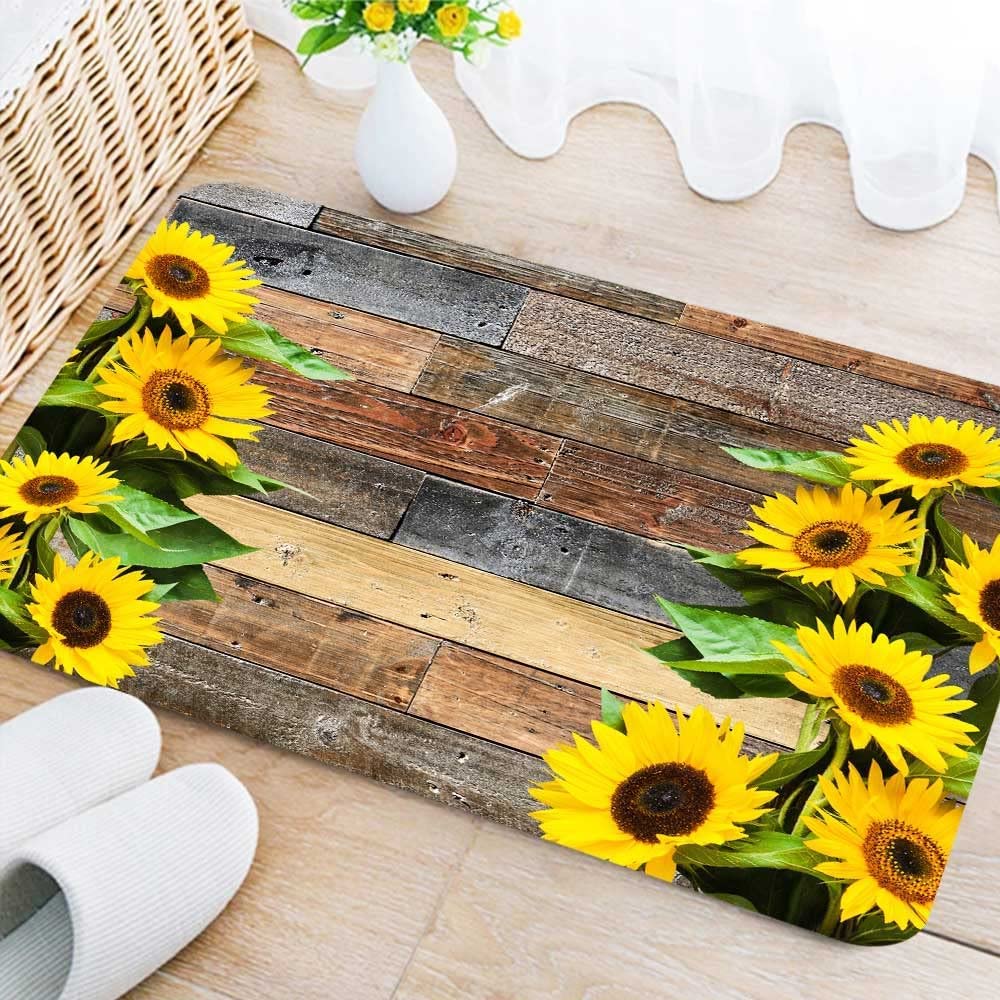 KXO Rustic Bathroom Rugs, Rustic Old Wooden Board Kitchen Mats Country Farm Style Bath Rug Runner Doormats, Sunflower Door Mat Stylish Design Kitchen Rug Mat Farmhouse Welcome Doormat 24x16 Inch