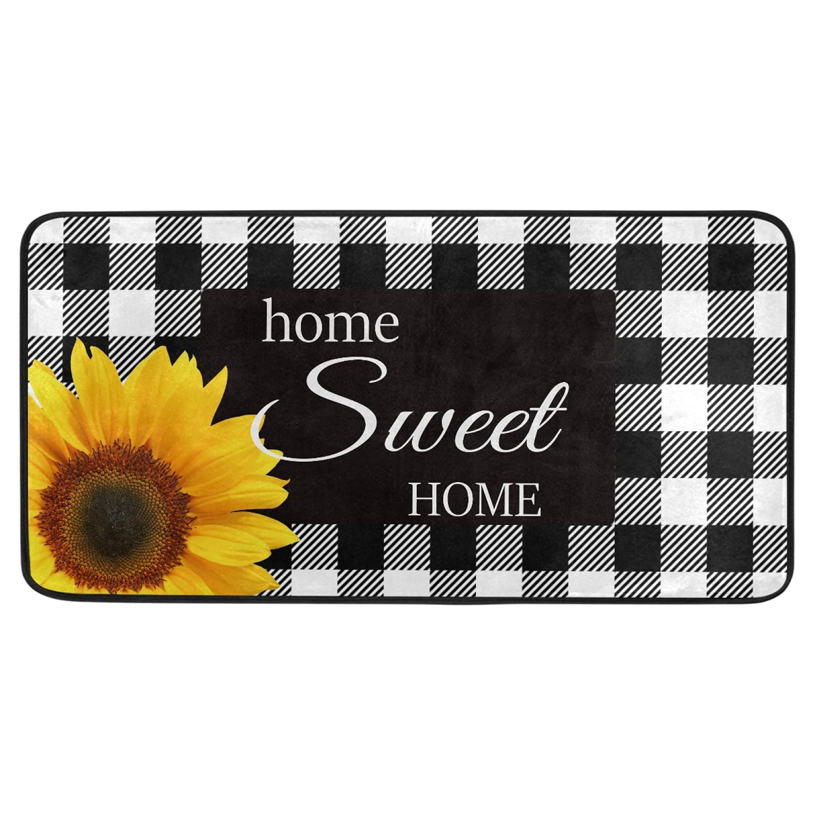 Black White Buffalo Plaid Check Kitchen Rugs Non Slip Sunflower Kitchen Mats Bathroom Rug Doormats for Home Decor, Washable, 39 x 20 Inch