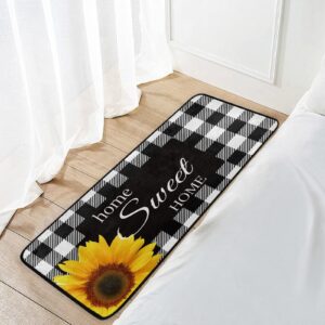 Black White Buffalo Plaid Check Kitchen Rugs Non Slip Sunflower Kitchen Mats Bathroom Rug Doormats for Home Decor, Washable, 39 x 20 Inch