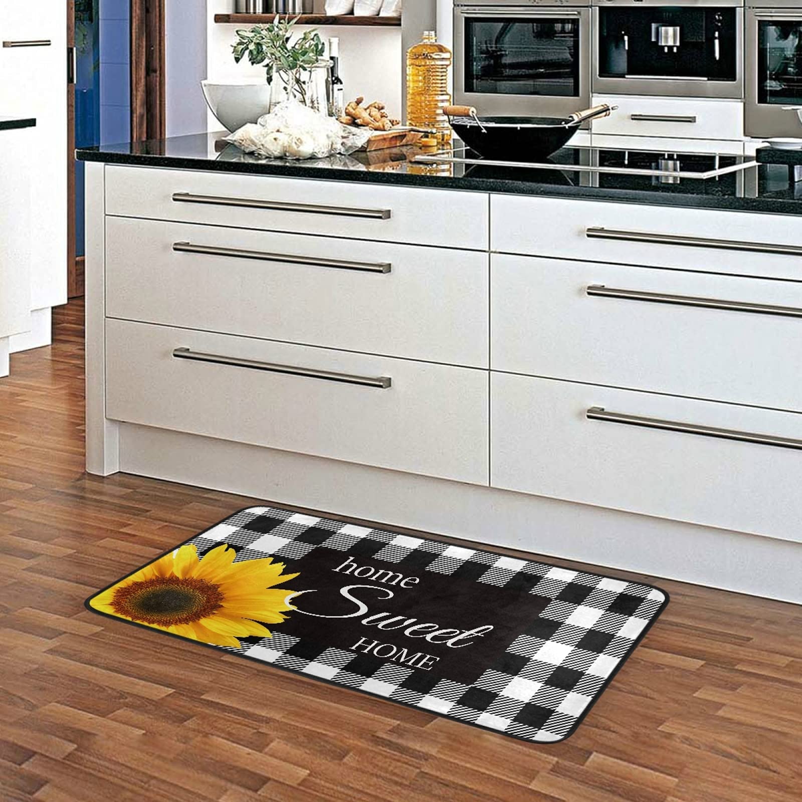 Black White Buffalo Plaid Check Kitchen Rugs Non Slip Sunflower Kitchen Mats Bathroom Rug Doormats for Home Decor, Washable, 39 x 20 Inch