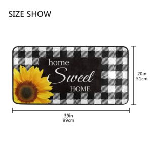 Black White Buffalo Plaid Check Kitchen Rugs Non Slip Sunflower Kitchen Mats Bathroom Rug Doormats for Home Decor, Washable, 39 x 20 Inch