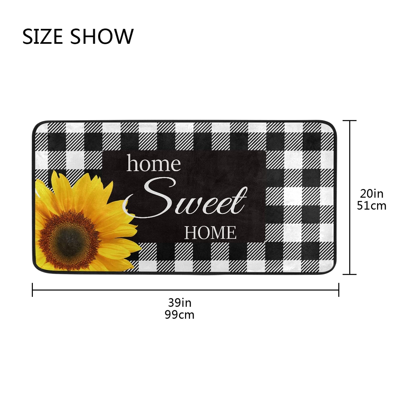 Black White Buffalo Plaid Check Kitchen Rugs Non Slip Sunflower Kitchen Mats Bathroom Rug Doormats for Home Decor, Washable, 39 x 20 Inch