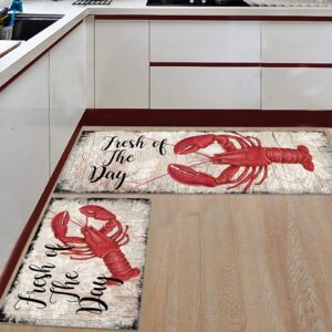 kitchen rugs, red lobster seafood fresh of the day vintage wood board plank non slip runner rug mat for floor, kitchen, bedside, sink, office, laundry, set of 2