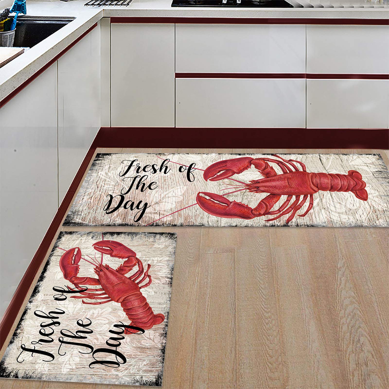 Kitchen Rugs, Red Lobster Seafood Fresh of The Day Vintage Wood Board Plank Non Slip Runner Rug Mat for Floor, Kitchen, Bedside, Sink, Office, Laundry, Set of 2