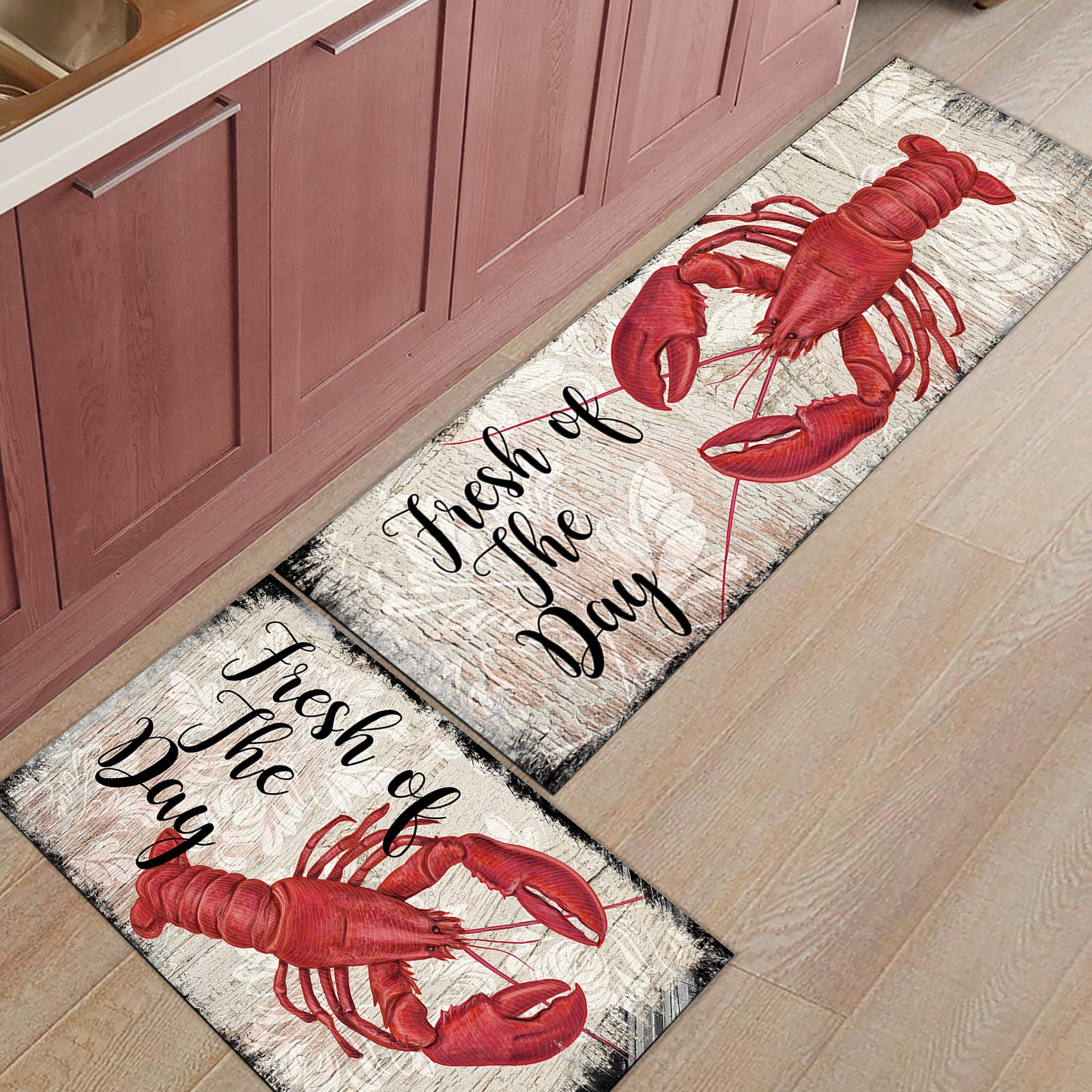 Kitchen Rugs, Red Lobster Seafood Fresh of The Day Vintage Wood Board Plank Non Slip Runner Rug Mat for Floor, Kitchen, Bedside, Sink, Office, Laundry, Set of 2