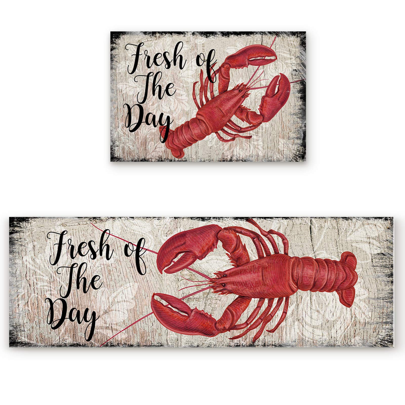 Kitchen Rugs, Red Lobster Seafood Fresh of The Day Vintage Wood Board Plank Non Slip Runner Rug Mat for Floor, Kitchen, Bedside, Sink, Office, Laundry, Set of 2