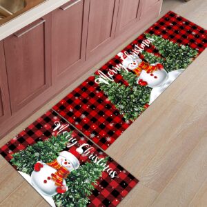 2 piece snowman kitchen rug set merry christmas indoor floor mats for winter, xmas door mat runner rug carpet mat for kitchen home decor (15.7" x 23.6"+15.7" x 47.2") - red black buffalo check plaid