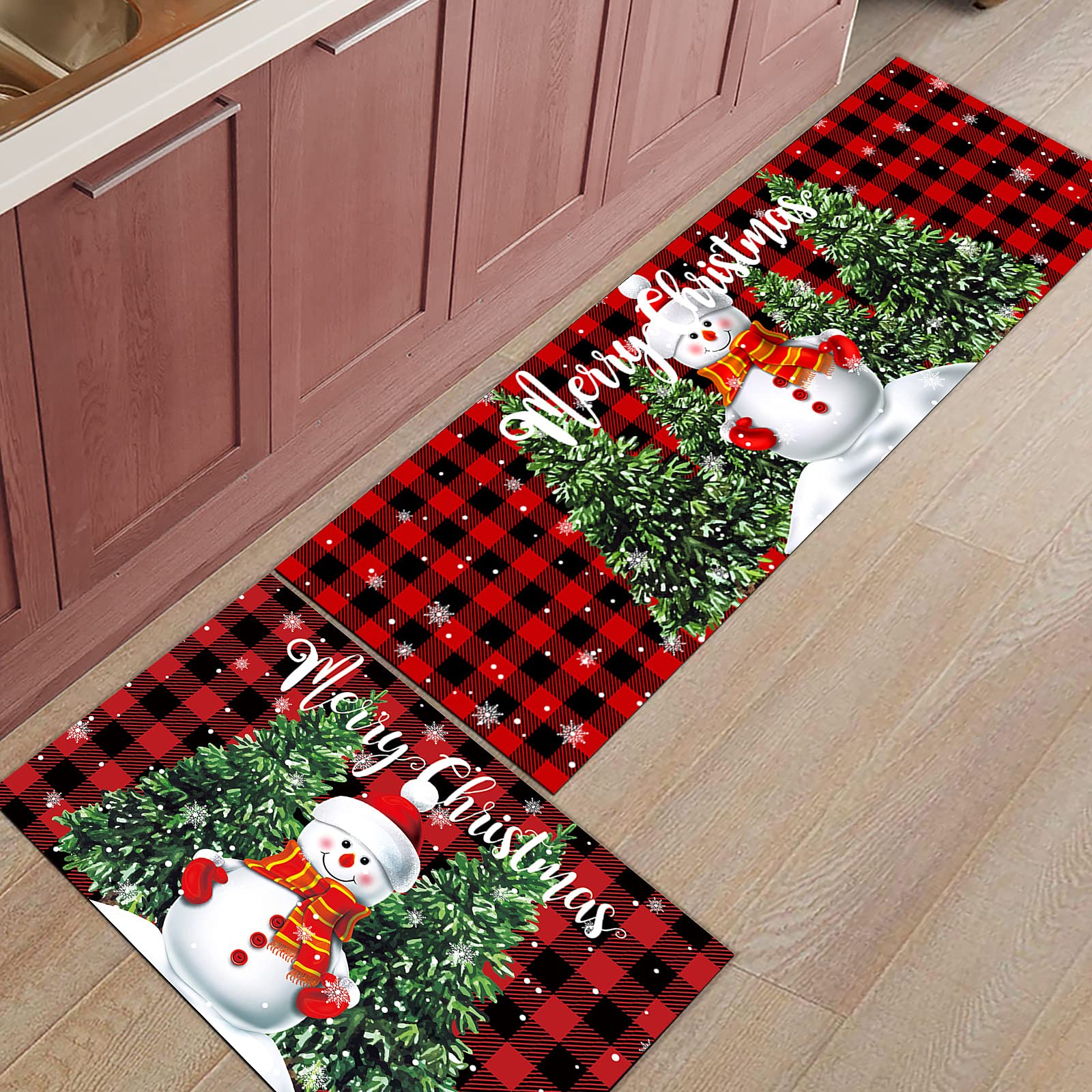 2 Piece Snowman Kitchen Rug Set Merry Christmas Indoor Floor Mats for Winter, Xmas Door Mat Runner Rug Carpet Mat for Kitchen Home Decor (15.7" x 23.6"+15.7" x 47.2") - Red Black Buffalo Check Plaid