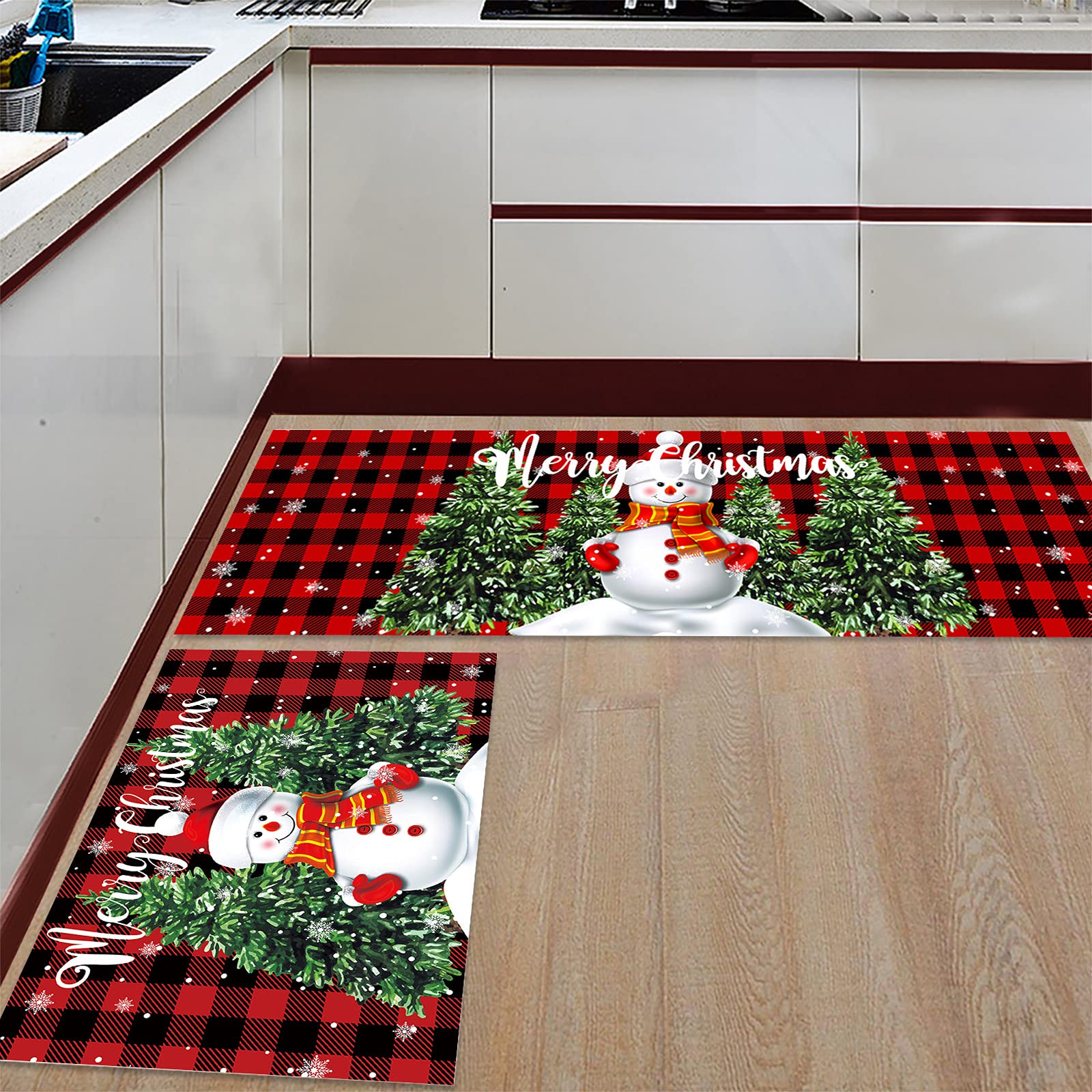 2 Piece Snowman Kitchen Rug Set Merry Christmas Indoor Floor Mats for Winter, Xmas Door Mat Runner Rug Carpet Mat for Kitchen Home Decor (15.7" x 23.6"+15.7" x 47.2") - Red Black Buffalo Check Plaid