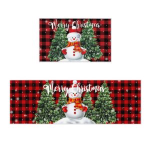 2 Piece Snowman Kitchen Rug Set Merry Christmas Indoor Floor Mats for Winter, Xmas Door Mat Runner Rug Carpet Mat for Kitchen Home Decor (15.7" x 23.6"+15.7" x 47.2") - Red Black Buffalo Check Plaid