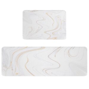 Marble Kitchen Mats and Rugs Set of 2, White Washable Absorbent Grey Gold Kitchen Runner Rug Carpet Anti-Fatigue Comfort Mat for Kitchen Bathroom Laundry