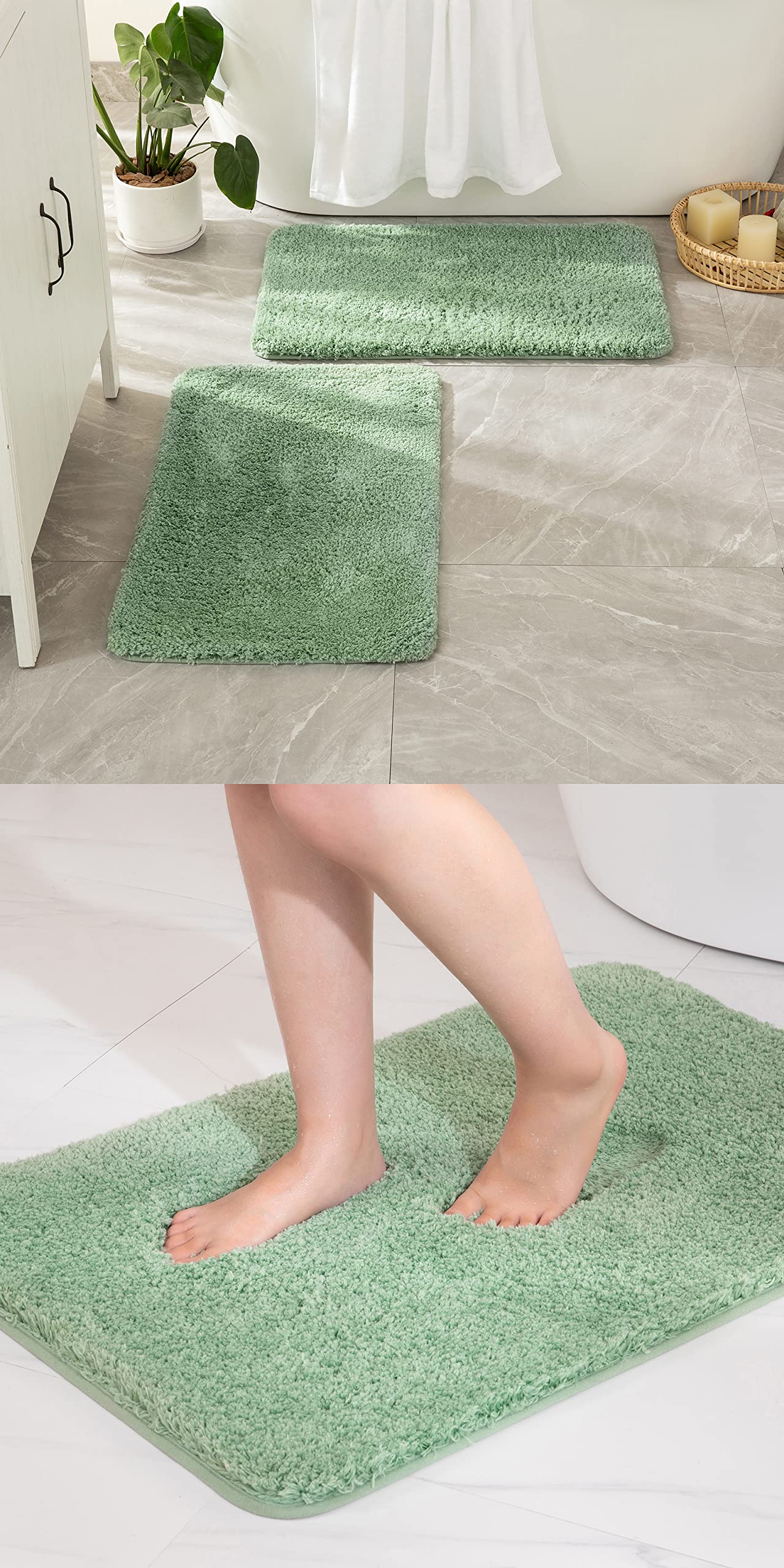 MIULEE 2pc 16''x24'' Bath Mats and 24''x44'' Runner Rugs, Non Slip Shaggy Absorbent Bathroom Rugs Set 3 Pieces, Green