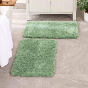 MIULEE 2pc 16''x24'' Bath Mats and 24''x44'' Runner Rugs, Non Slip Shaggy Absorbent Bathroom Rugs Set 3 Pieces, Green