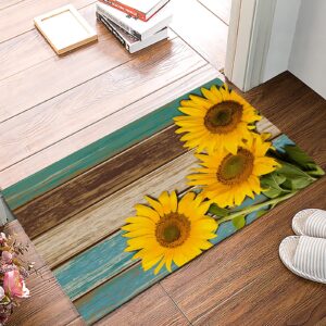 door mat for bedroom decor, vintage sunflowers on blue brown wooden board floor mats, holiday rugs for living room, absorbent non-slip bathroom rugs home decor kitchen mat area rug 18x30 inch