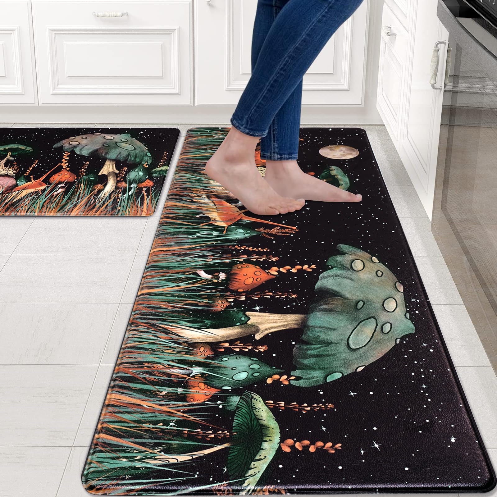 ASPMIZ Farmhouse Kitchen Mats For Floor 2 Piece, Floral Kitchen Rugs Set Of 2, Cushioned Anti Fatigue Kitchen Mat, Waterproof Kitchen Rugs And Runners Non Skid Washable, 18'' X 48''+18'' X 30'', Black