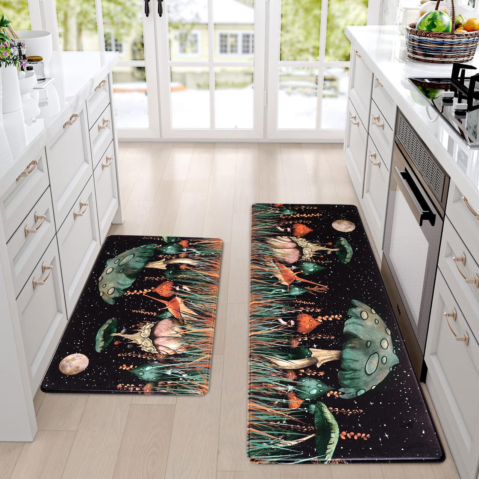 ASPMIZ Farmhouse Kitchen Mats For Floor 2 Piece, Floral Kitchen Rugs Set Of 2, Cushioned Anti Fatigue Kitchen Mat, Waterproof Kitchen Rugs And Runners Non Skid Washable, 18'' X 48''+18'' X 30'', Black