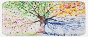 ambesonne tree kitchen mat, watercolor nature colorful blooming branches 4 seasons themed illustration print, plush decorative kitchen mat with non slip backing, 47" x 19", white green