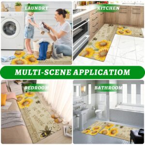 Sunflowers Kitchen Mats for Floor Cushioned Anti Fatigue 2 Piece Set Kitchen Runner Rugs Non Skid Washable Wood Bee Country Theme