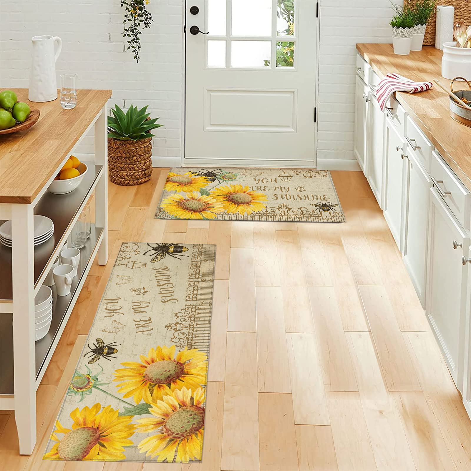 Sunflowers Kitchen Mats for Floor Cushioned Anti Fatigue 2 Piece Set Kitchen Runner Rugs Non Skid Washable Wood Bee Country Theme