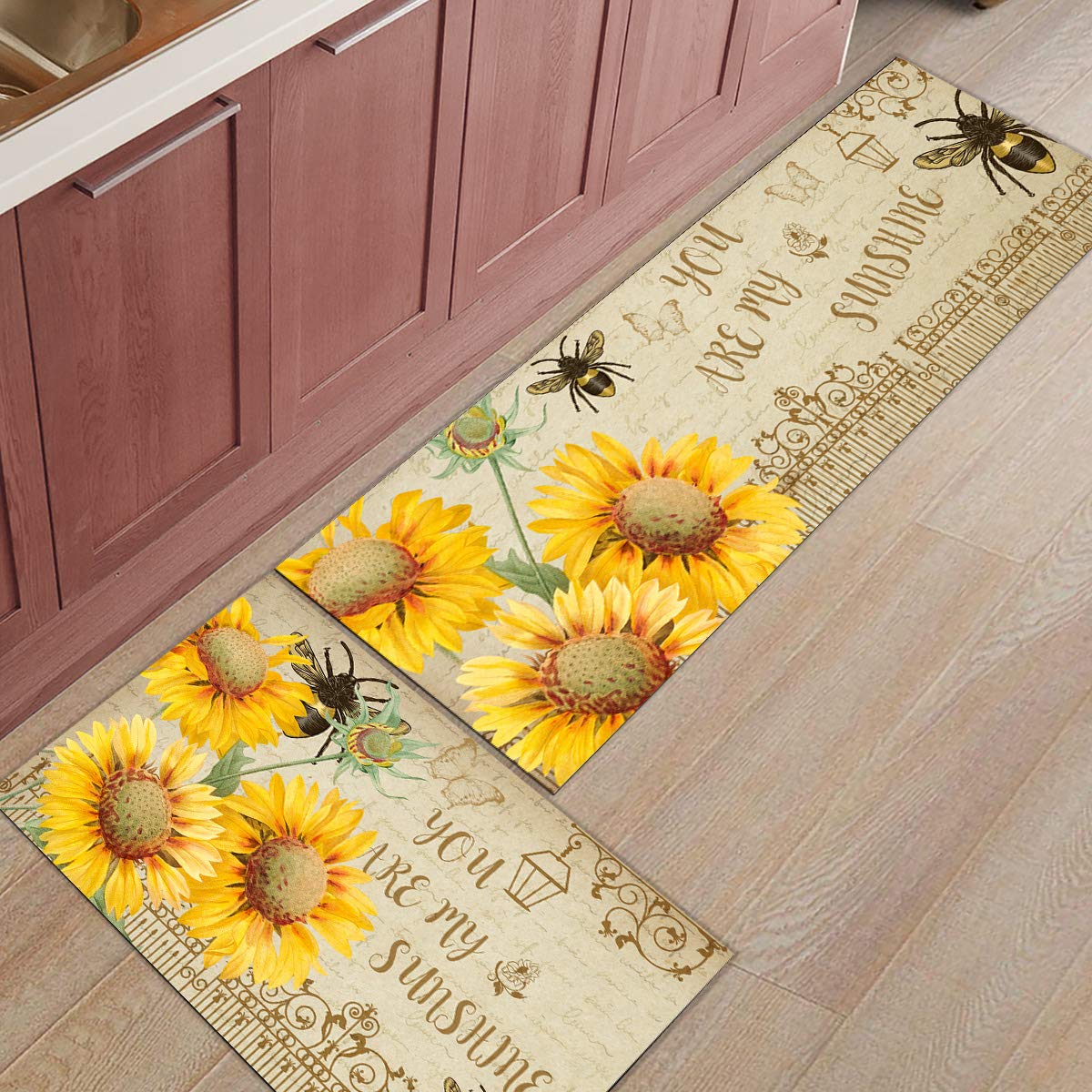 Sunflowers Kitchen Mats for Floor Cushioned Anti Fatigue 2 Piece Set Kitchen Runner Rugs Non Skid Washable Wood Bee Country Theme
