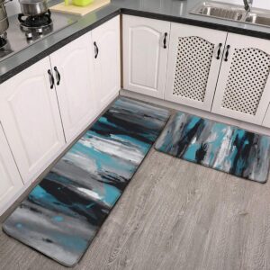 qiaoqiao 2 pcs kitchen rug set, teal gray black and white abstract non-slip kitchen mats and rugs soft flannel non-slip area runner rugs washable durable doormat carpet