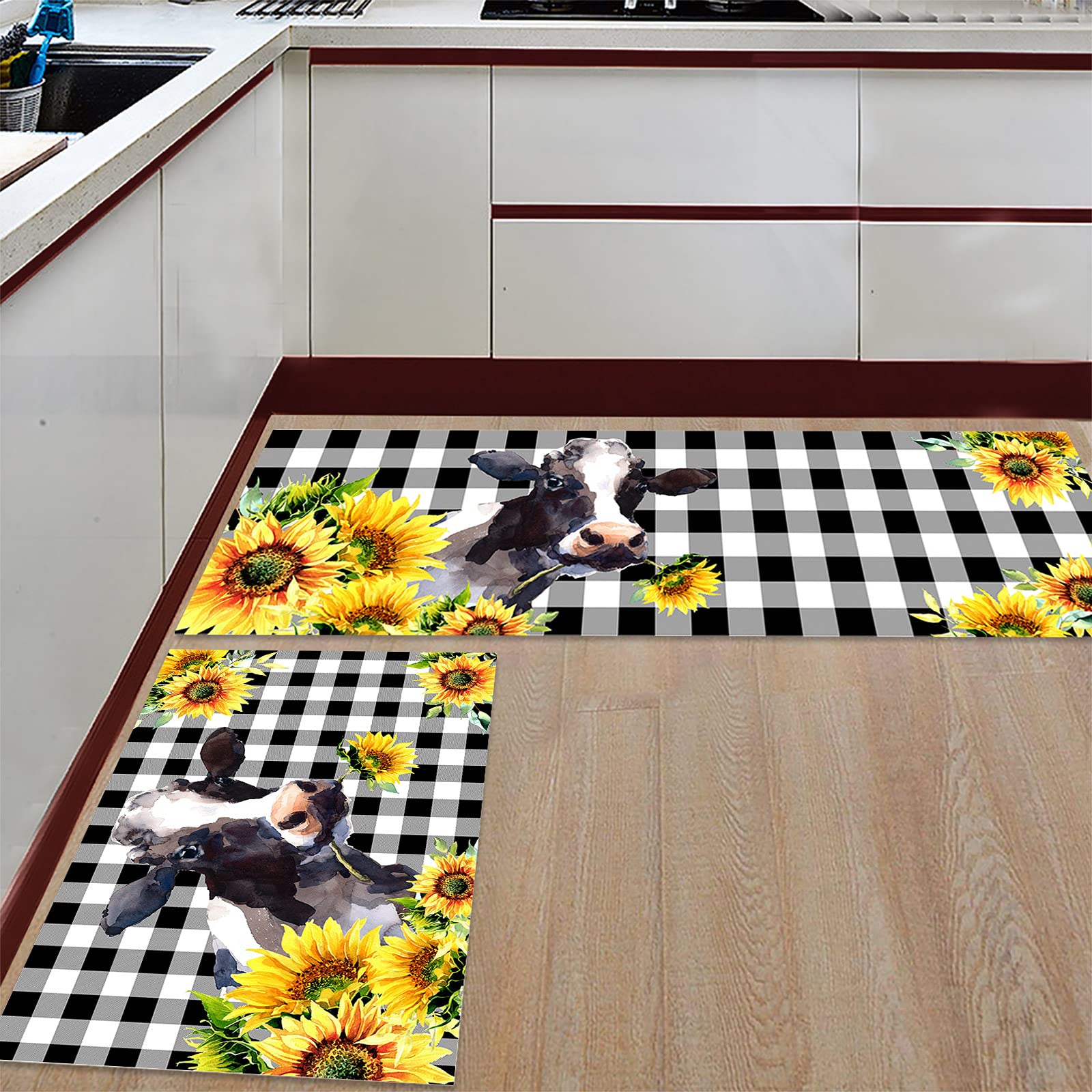 Beauty Decor 2 Piece Kitchen Mats Cushioned Kitchen Rug Farm Cow and Sunflower Black and White Buffalo Plaid Non Slip Thick Floor Comfort Mat Sets with Runner