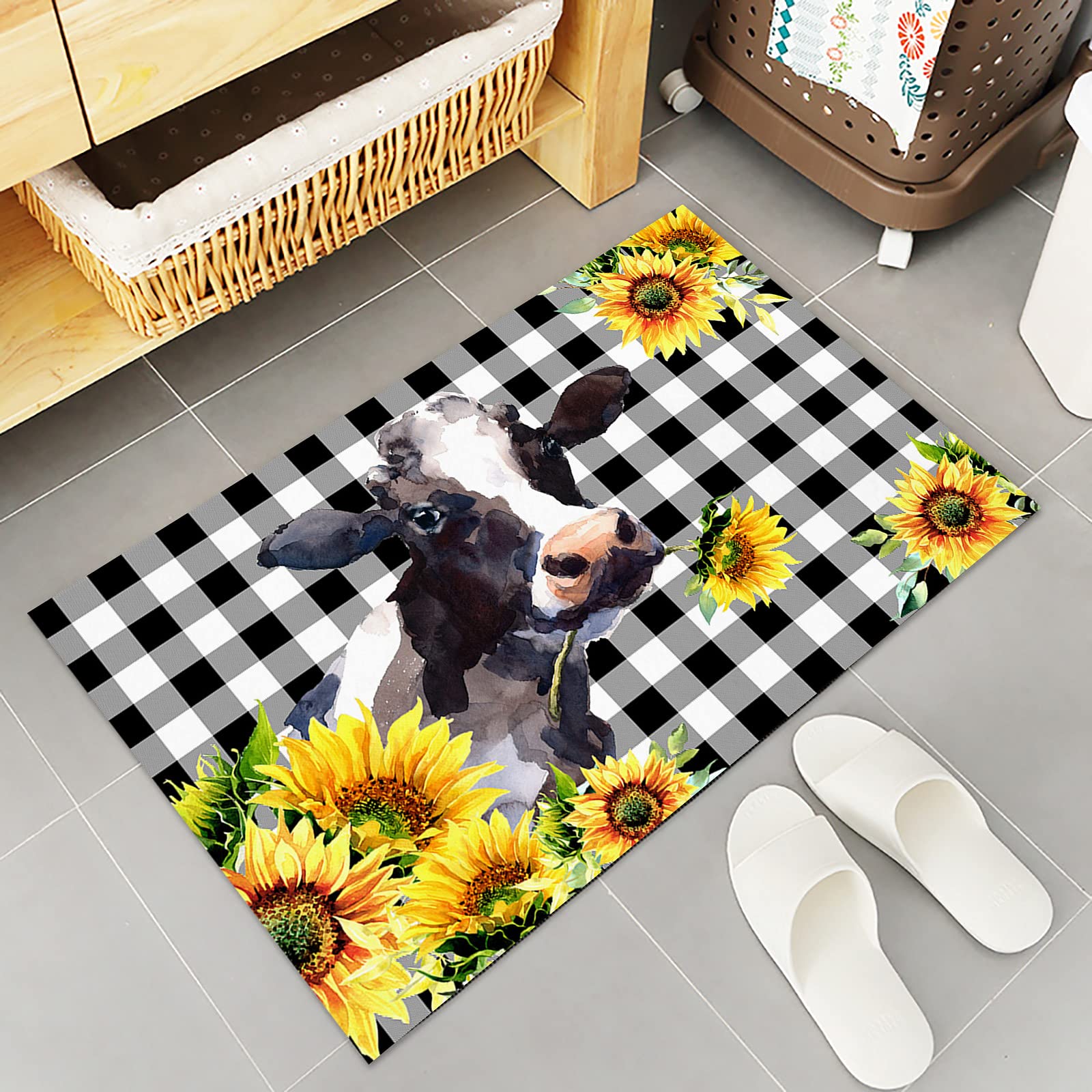 Beauty Decor 2 Piece Kitchen Mats Cushioned Kitchen Rug Farm Cow and Sunflower Black and White Buffalo Plaid Non Slip Thick Floor Comfort Mat Sets with Runner