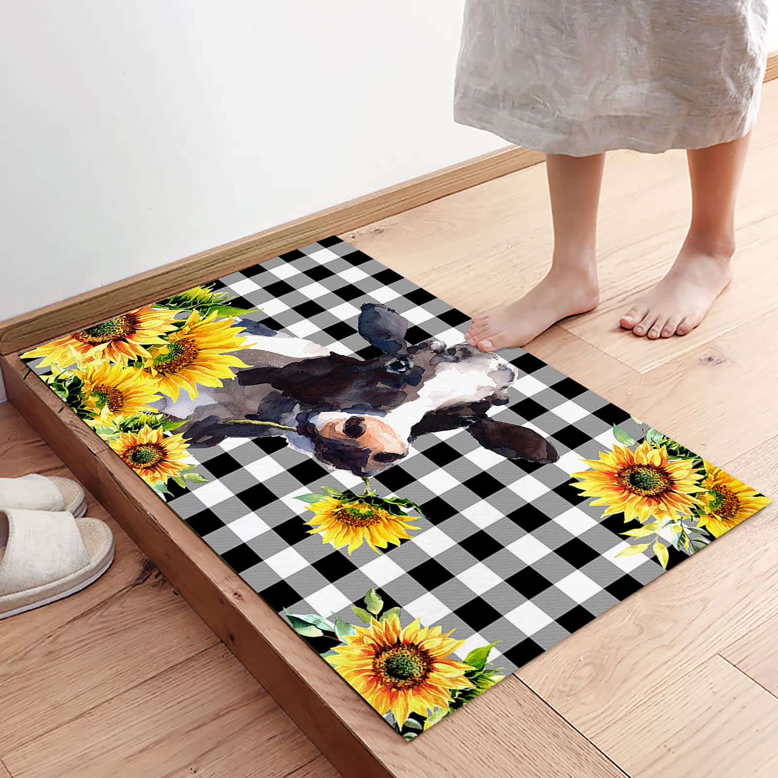 Beauty Decor 2 Piece Kitchen Mats Cushioned Kitchen Rug Farm Cow and Sunflower Black and White Buffalo Plaid Non Slip Thick Floor Comfort Mat Sets with Runner